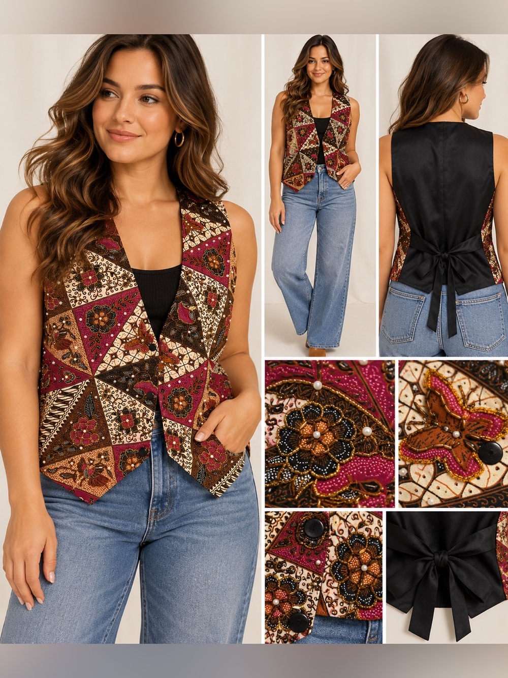 Vintage Bali Rama Design Embellished Patchwork Vest Size L
